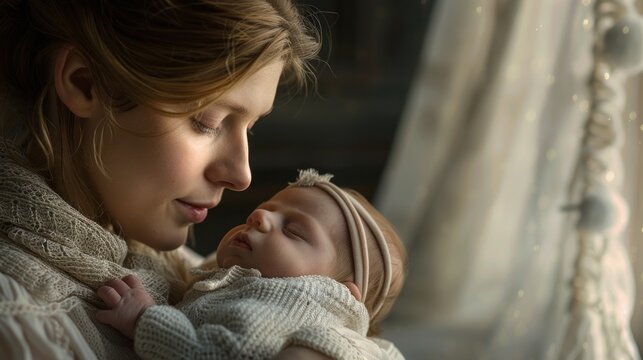 Young mother comforting newborn baby