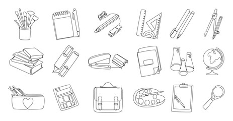 Line stationery. School education. Books stack and pencil bag. Chemistry lab beaker. Students backpack with textbooks and notepads. Outline globe. Drawing palette. Continuous line icons vector set