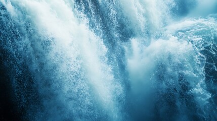 Close-up of a waterfall with water splashing and creating foam.