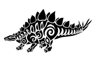 Tribal tattoo art with stylized black stegosaurus