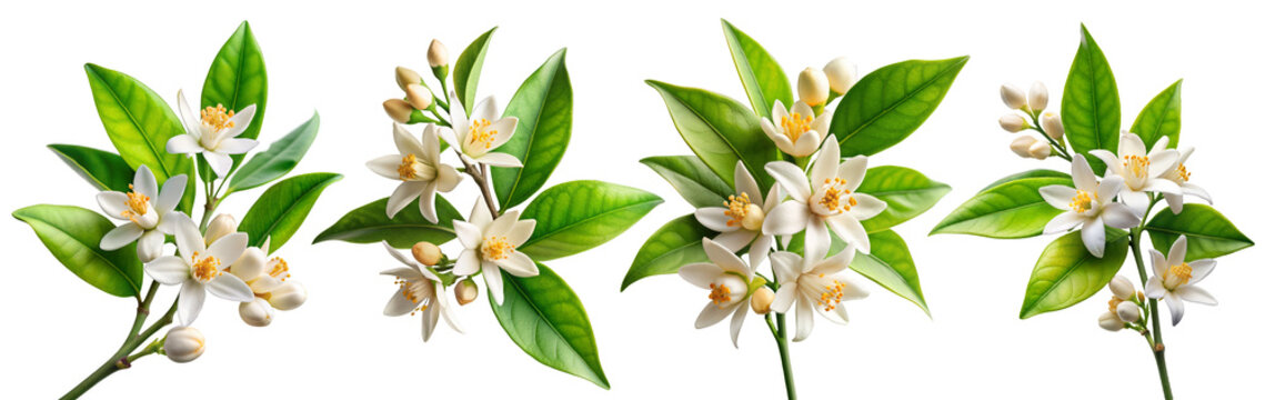 Branches of Orange Blossoms with White Flowers and Green Leaves on Transparent Background