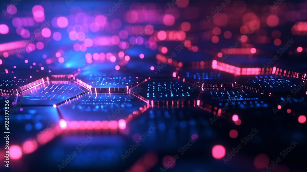 Poster colorful hexagonal patterns illuminated with blue and pink lights in an abstract digital landscape