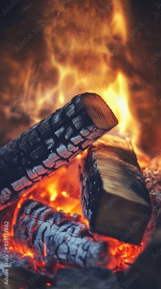 Wall mural A close up of a fire with logs and wood burning, AI