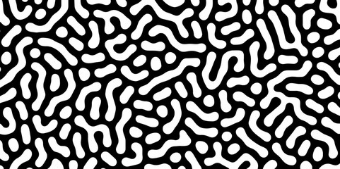Abstract Turing organic wallpaper with background. Turing reaction diffusion monochrome seamless pattern with chaotic motion. Natural seamless line pattern. Linear design with biological shapes.