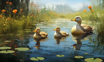 An illustration of a happy family of ducks swimming in a pond