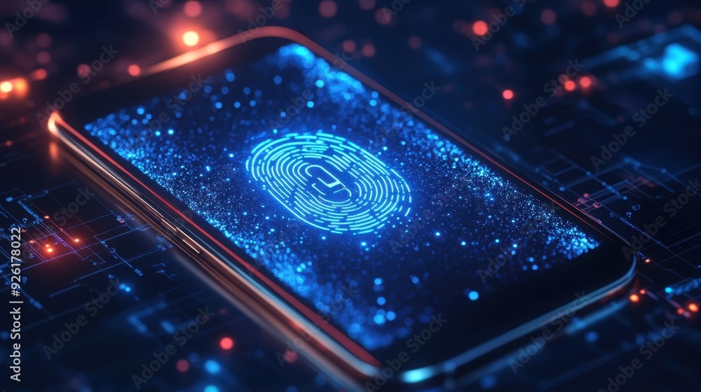 Poster secure biometric protection concept - smartphone with glowing fingerprint icon on security lock scre