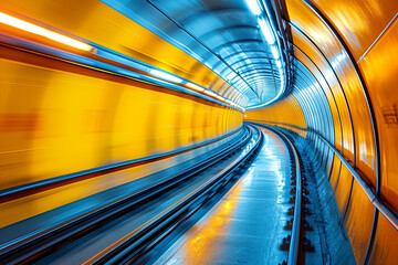 speed motion blurred underground subway tunnel with a vibrant yellow color tone, creating a dynamic...