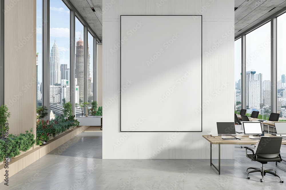 Poster 3d rendering of a sleek office space with large windows showcasing the city.