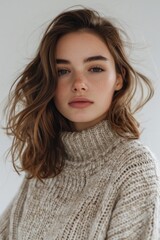 Young model wearing a cozy knitted sweater, posed in a light-filled studio with a focus on the sweater's texture and the model's stylish demeanor