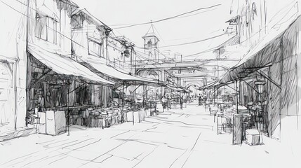 Fototapeta premium Pencil Sketch of a European Market Street