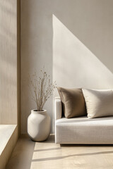 Minimalist interior design composition with a serene room corner, minimal furniture and decoration. Residential interiors in neutral colors with natural lighting.