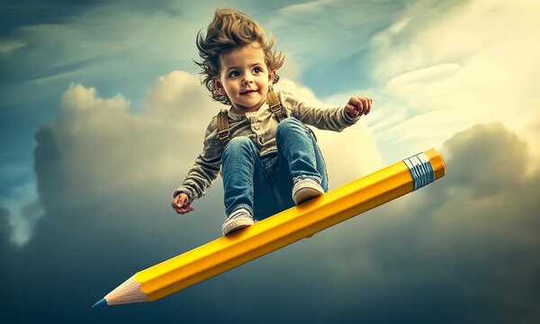 child flying on a pencil