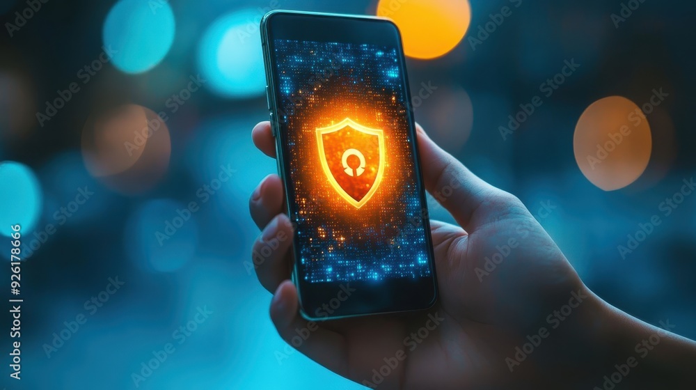 Poster secure mobile protection - hand holding smartphone with glowing security shield displayed on screen