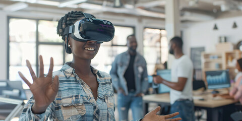 A woman wearing a VR headset smiles and interacts with her surroundings, exploring the digital world.