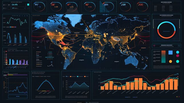 Dark blue display with interactive world map and orange charts and graphs. The screen probably displays epidemic data with numerical values of confirmed cases.