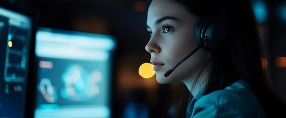 Close-up of a woman wearing headphones while looking at a computer screen in a dark room.