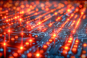 Obraz premium Red lights blinking on motherboard showing data flowing on circuit board