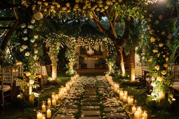 Romantic Wedding Ceremony Decor with Candlelight and Flowers.