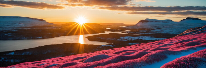 Sun sets behind scandinavian mountains, casting golden rays on reflective lake and vibrant landscape. Panoramic view, horizontal banner