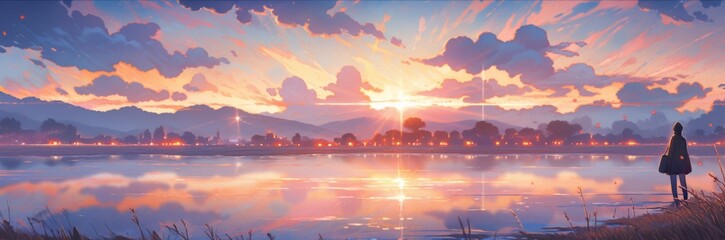 Obraz premium Autumn Lakeside Dusk: Reflective Serenity as the Sun's Afterglow Graces the Water, Figures Admiring the Scene in Anime Style, storybook illustrations, comic strips, book illustrations and picture book