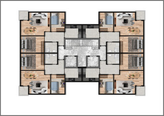 Floor plan of a modern apartment with 4 flats. Top view. Architectural CAD drawing, photoshop plan rendering, coloured and furnished. Plan illustration.