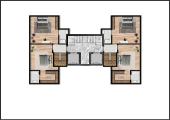 Attic Floor plan of a modern duplex apartment with 2 flats. Top view. Architectural CAD drawing, photoshop plan rendering, coloured and furnished. Plan illustration.