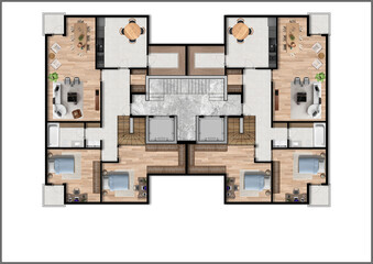 Floor plan of a modern duplex apartment with 2 flats. Top view. Architectural CAD drawing, photoshop plan rendering, coloured and furnished. Plan illustration.