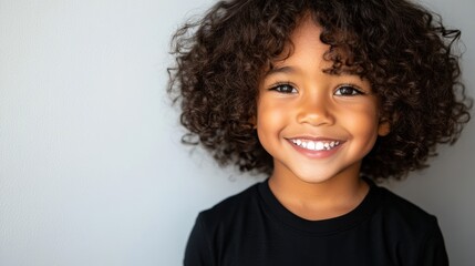 Smiling African American child with curly hair, showing joy and confidence, against a light background.