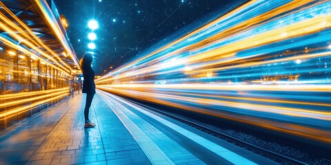 Woman facing a dynamic cityscape with light trails and energy lines, symbolizing progress, speed, and the future.