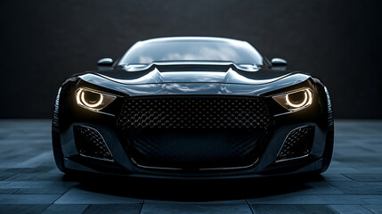 Front of a modern black compact car Front view of a generic and brand less modern car Black car...