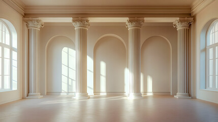 A large, empty room with three pillars and a high ceiling. The room is empty and has no furniture or decorations