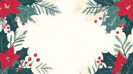 Festive Christmas Card Design with Poinsettia, Holly, Mistletoe Leaves, and Tree Silhouettes in Red and Green | Vector Illustration Template for Greeting Cards | Flat Design Background