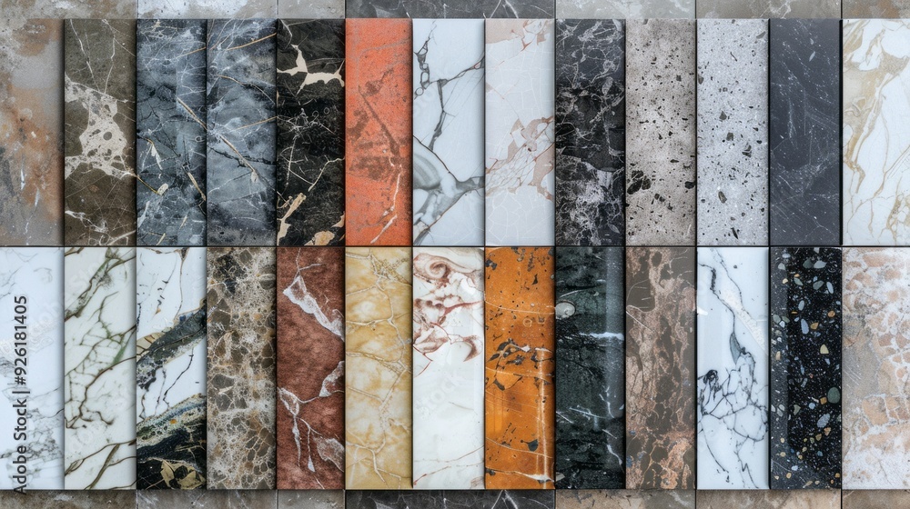 Poster an exquisite collection of various marble tiles showcases rich colors and intricate patterns, beauti
