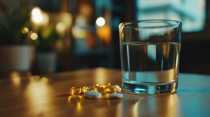 Closeup of Yellow and White Pills Beside a Glass of Water on a Wooden Table with a Blurry Background of Plants and Lights
