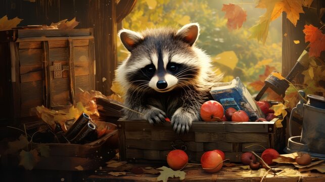 An illustration of a mischievous raccoon rummaging through a picnic basket