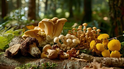 an image of the most well-known functional mushrooms such as lion's mane, reshi, cordyceps, chaga and turkey tail