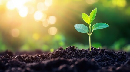Young plant seedling in rich soil with a blurred  background