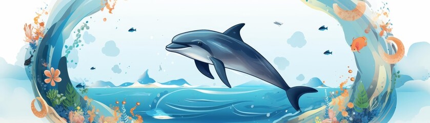 Naklejka premium An illustration of a playful dolphin jumping through a hoop