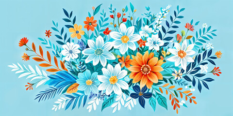 Obraz premium A vibrant and colorful illustration of various flowers, leaves, and plants arranged together on a blue background.