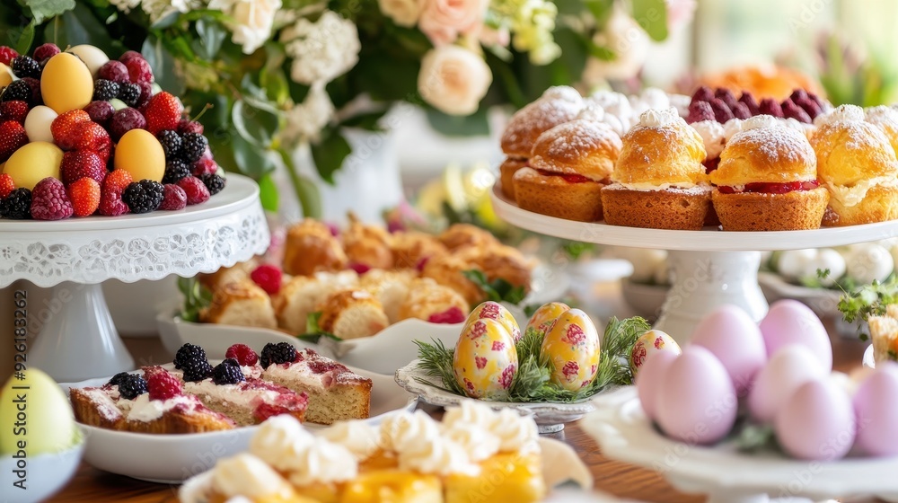 Wall mural A table is beautifully arranged with assorted pastries, fresh fruits, and decorative treats for a spring celebration