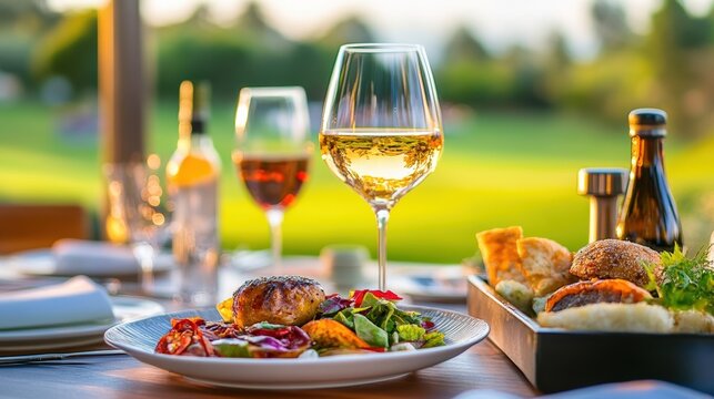 Gourmet Meal and Glass of Wine on a Table with a Golf Course in the Background