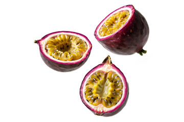 Falling passionfruit halves, isolated on white background, full depth of field