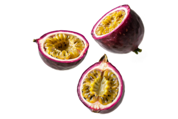 Falling passionfruit halves, isolated on white background, full depth of field