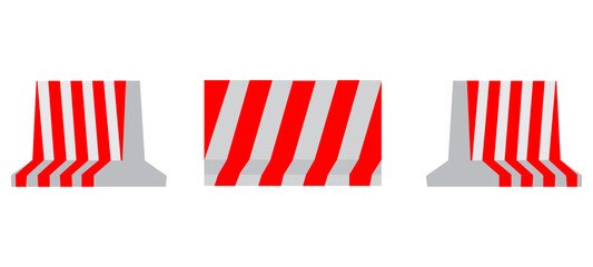 Red Barrier, Striped red and white concrete barriers blocking the road. Vector illustration.