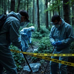 Forensic investigators methodically sweeping a forested crime scene, using UV lights to uncover hidden traces of bodily fluids and dusting powders to reveal latent fingerprints.