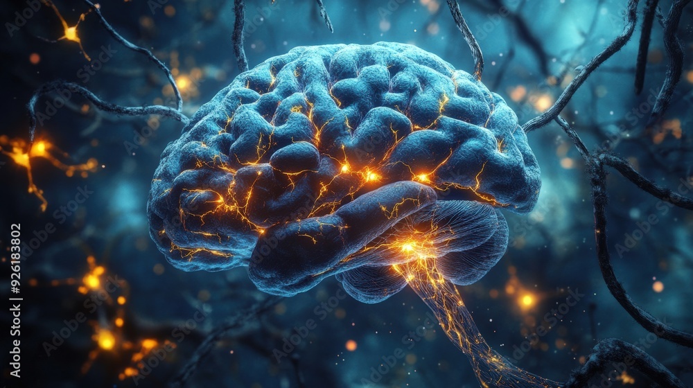 Poster illuminated brain cross section, depicting the complex neural pathways and glowing synapses