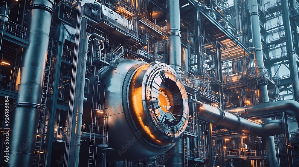 Poster close-up of an industrial complex with large pipes and a large metal structure in the foreground.