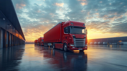Red trucks line up against a shimmering wet surface, reflecting the vibrant sunset and revealing an industrial backdrop