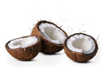 Falling coconut halves, isolated on white background, full depth of field