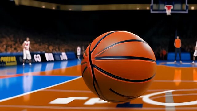 video of close-up basketball mid-air during game in stadium, with players and hoop blurred in background, concept of action and focus in sports